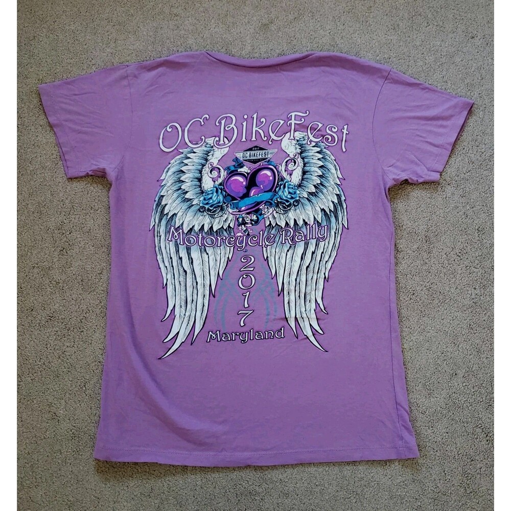 Bikefest OC 2017 Women's Motorcycle Graphic T-shirt Angel Wings Size XL Purple